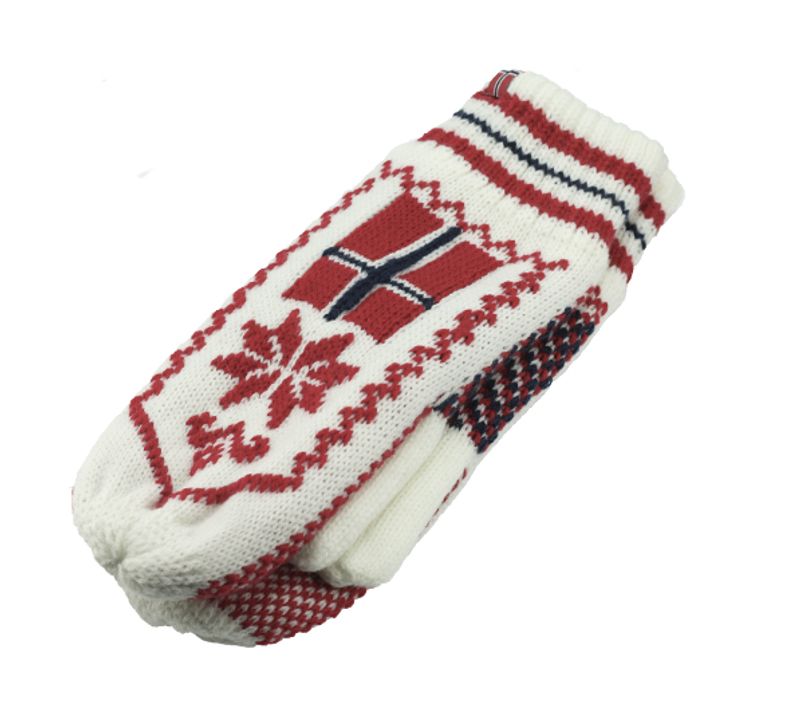 Strikkevott med stjernemønster og norskt flagg