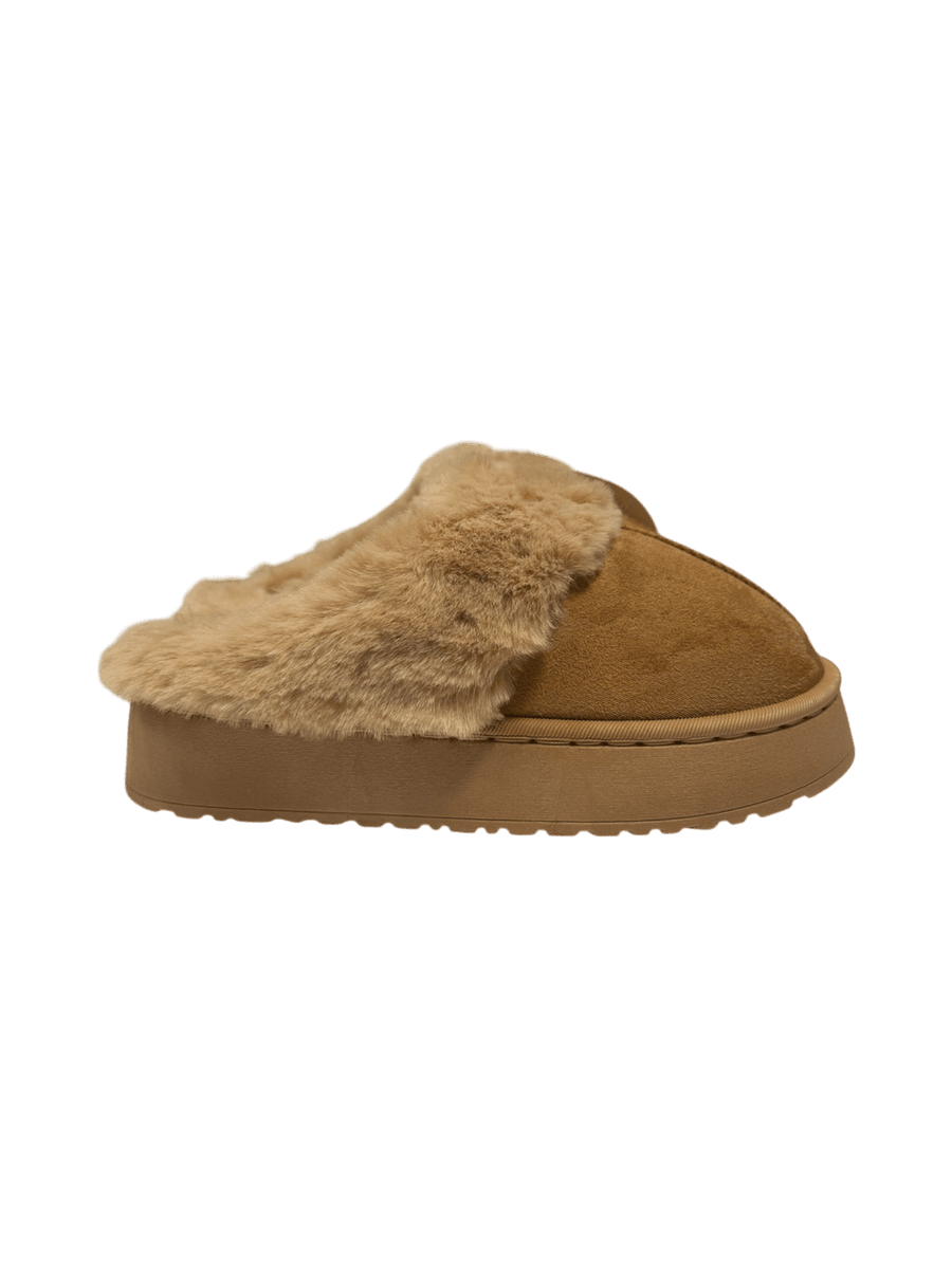 Tøffel med fuskepels og tykk såle, brun, str 38-39