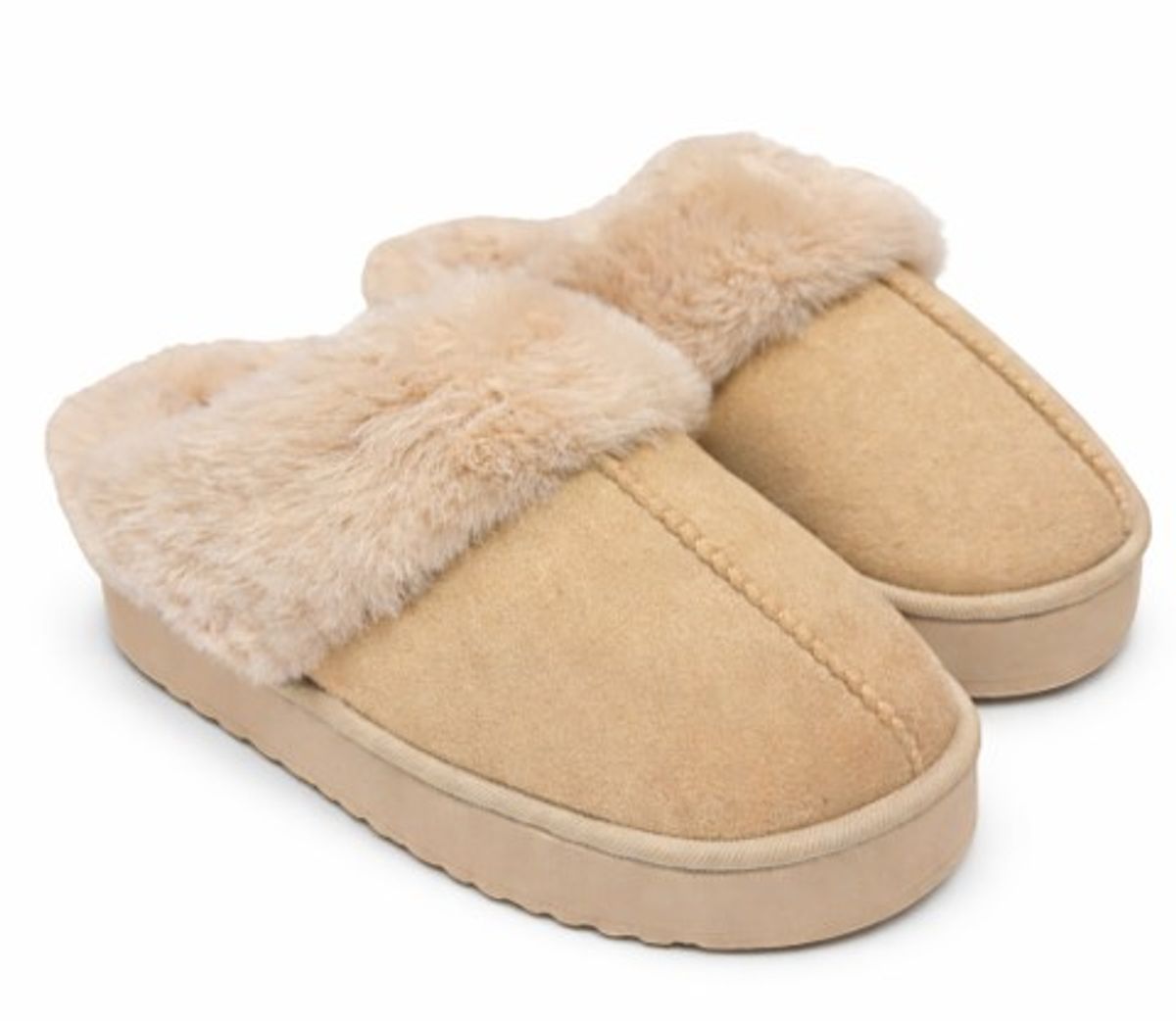 Tøffel med fuskepels og tykk såle, beige, str 40-41